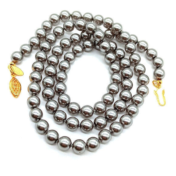 Kenneth Jay Lane Jewelry - Vintage 30" Kenneth Jay Lane Gray Glass Pearl Necklace Filigree Clasp 1990s